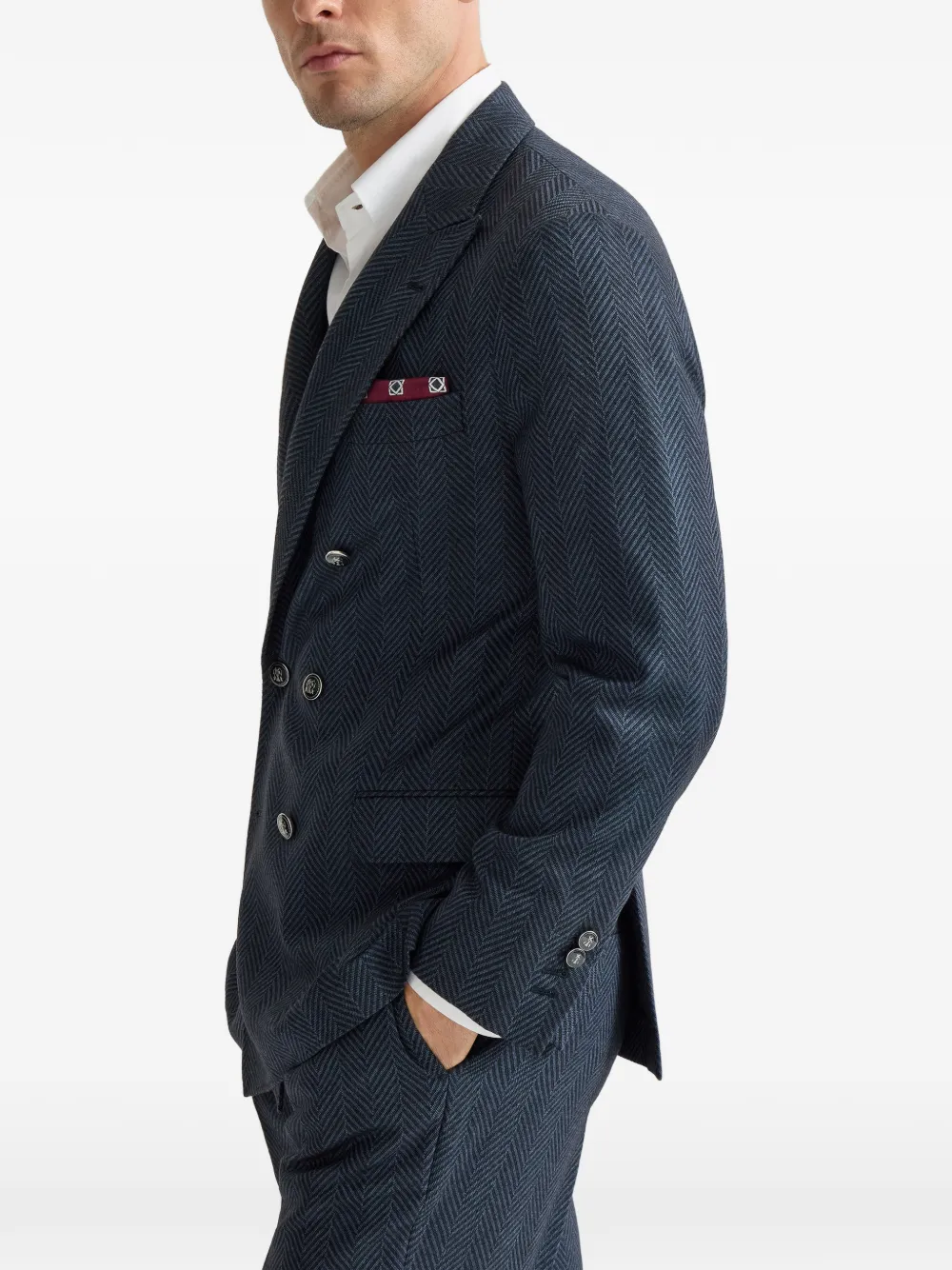 Brunello Cucinelli Kasjmier en zijden flanellen blazer met chevron-streep en anderhalve rij knopen Blauw