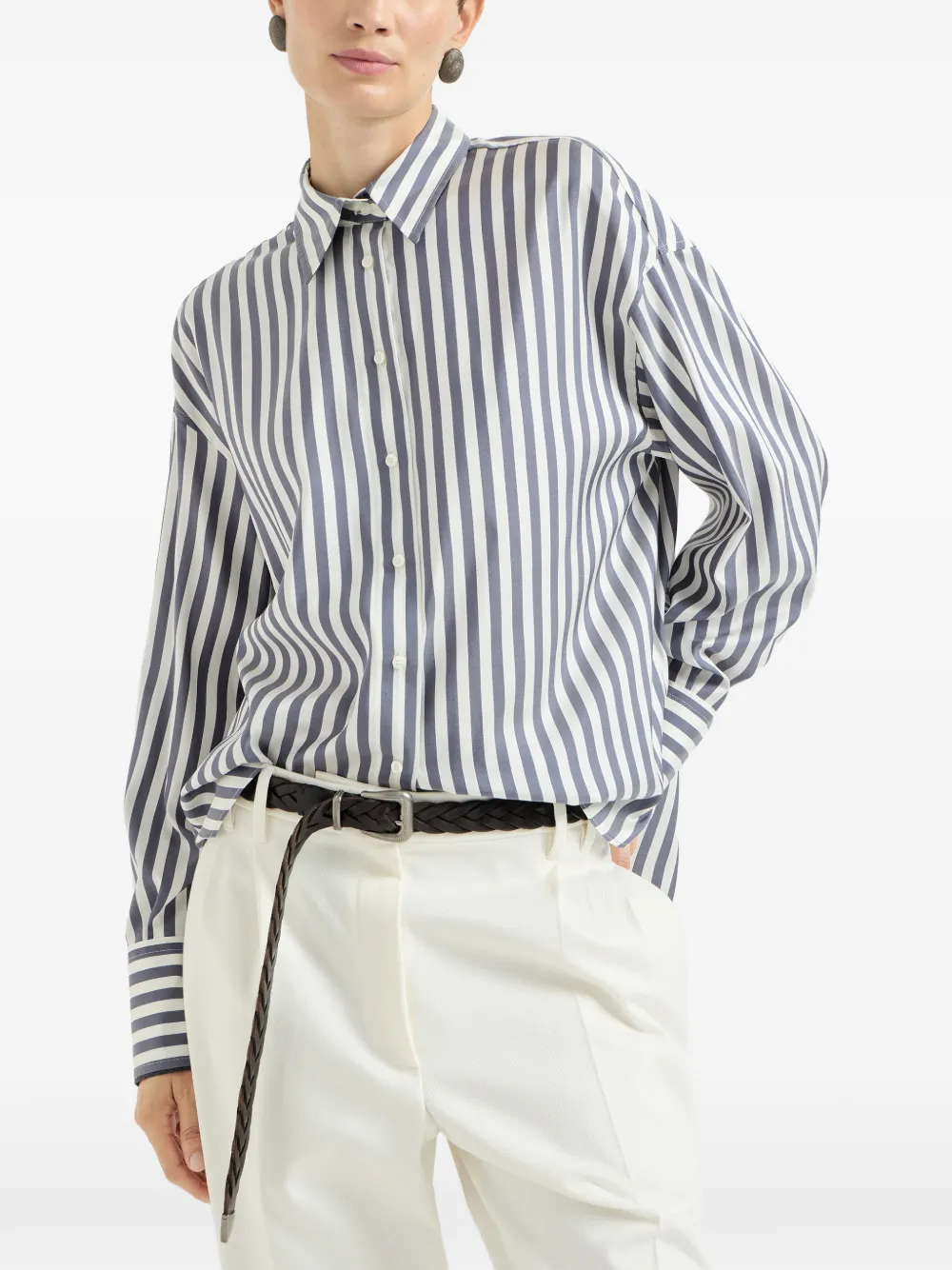 Brunello Cucinelli Zijden popeline blouse met brede streep Blauw