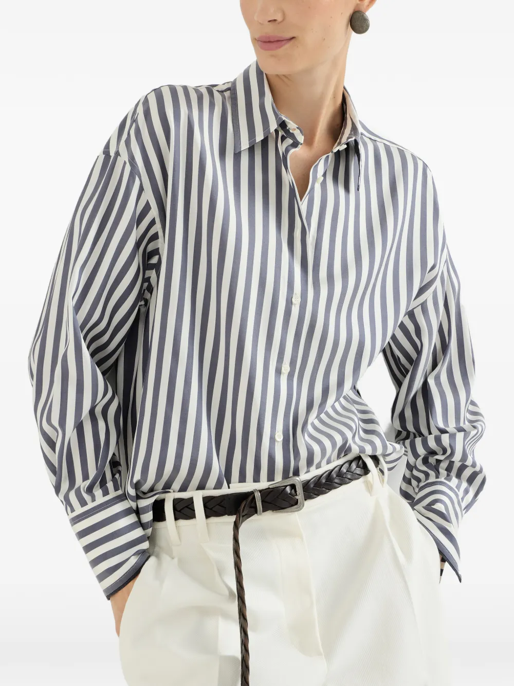 Brunello Cucinelli Zijden popeline blouse met brede streep Blauw