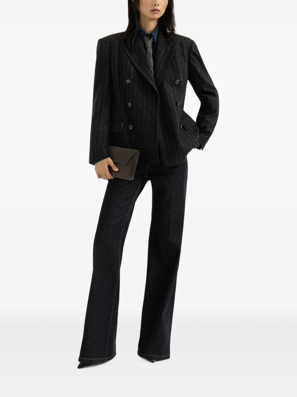 Brunello Cucinelli Zijden crêpe de chine blouse met vlakken en Monili Blauw