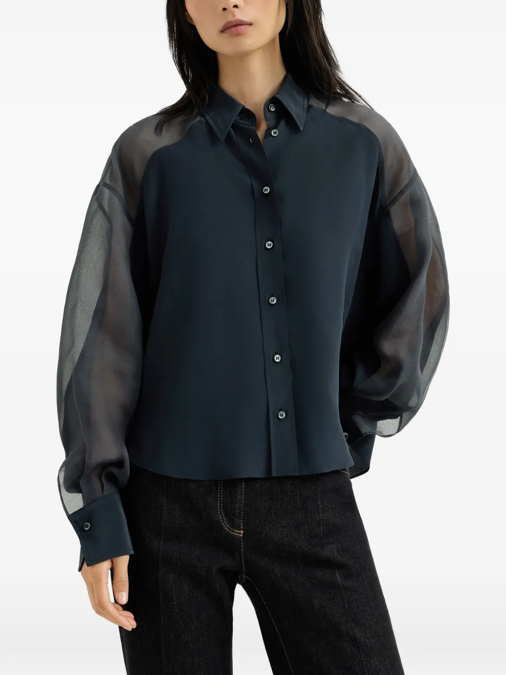Brunello Cucinelli Zijden crêpe de chine blouse met vlakken en Monili Blauw