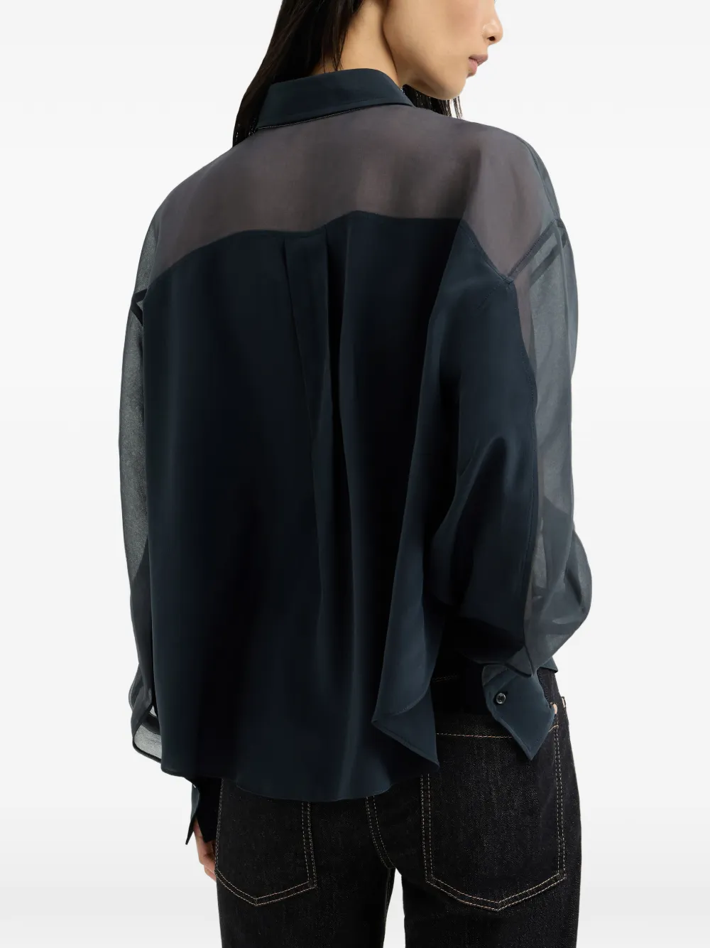 Brunello Cucinelli Zijden crêpe de chine blouse met vlakken en Monili Blauw
