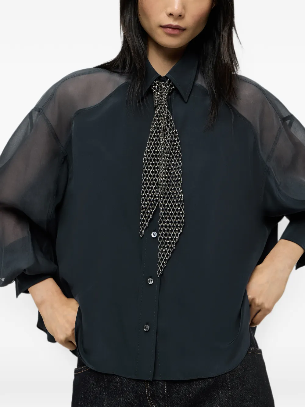 Brunello Cucinelli Zijden crêpe de chine blouse met vlakken en Monili Blauw