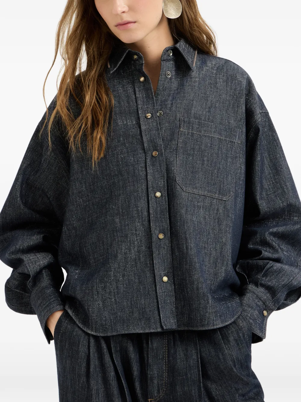 Brunello Cucinelli Denim blouse met glanzende kraag Blauw