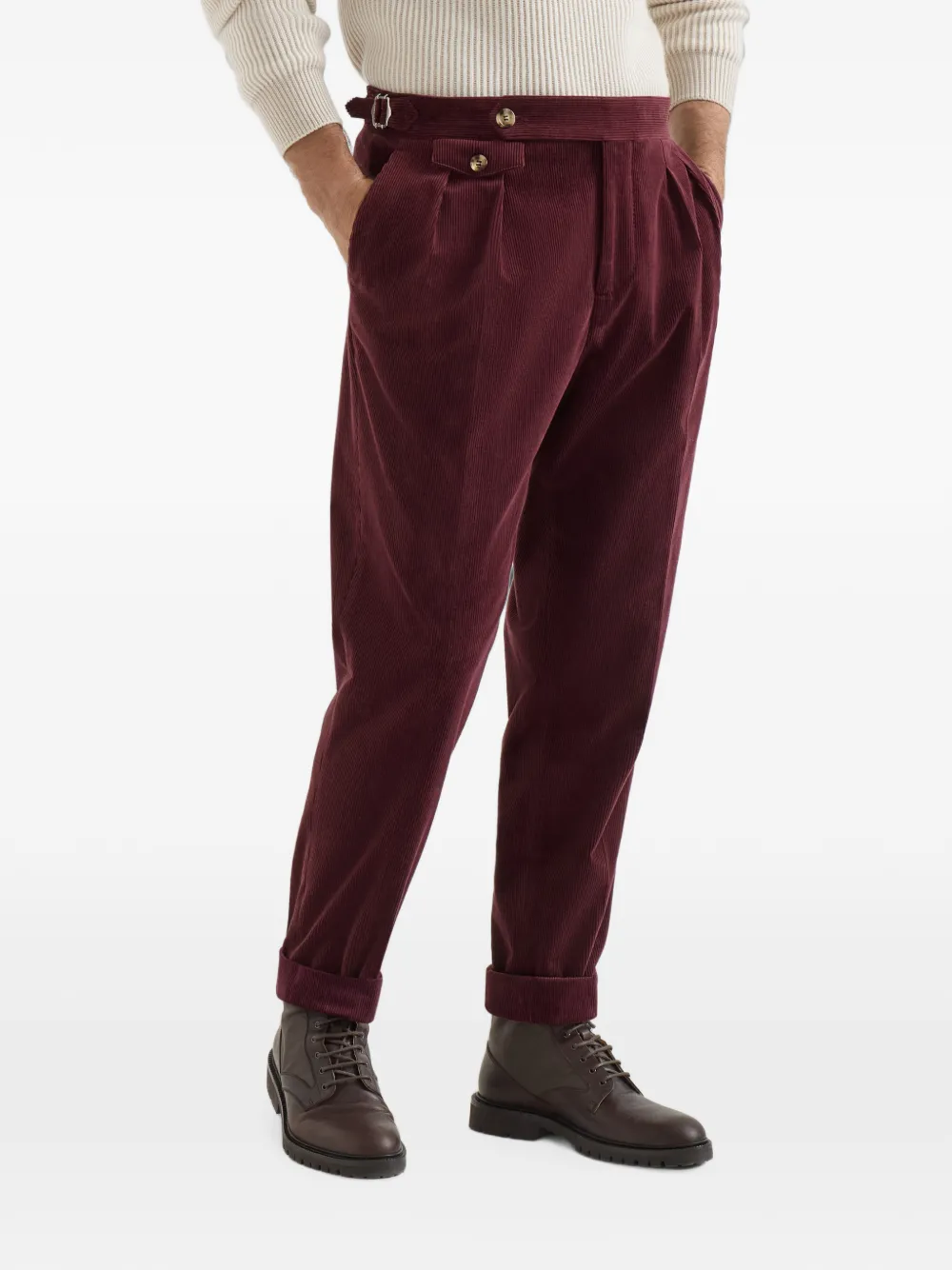 Brunello Cucinelli Katoenen en kasjmier ribfluwelen broek met plooien Paars