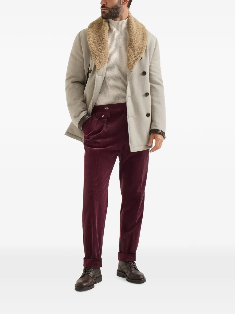 Brunello Cucinelli Katoenen en kasjmier ribfluwelen broek met plooien Paars