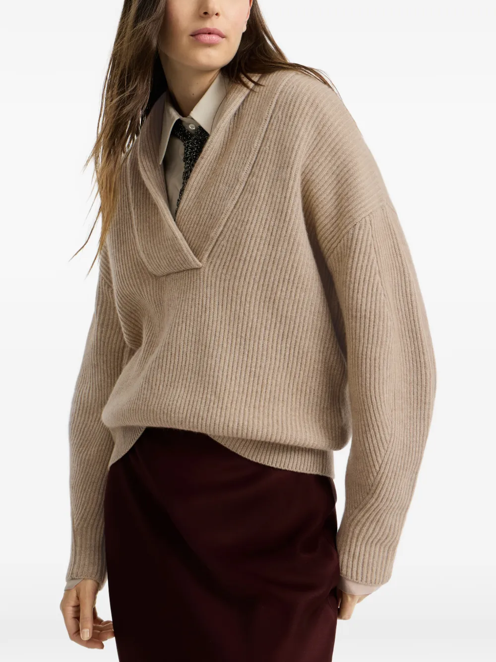 Brunello Cucinelli Kasjmier ribgebreide trui met Monili Beige