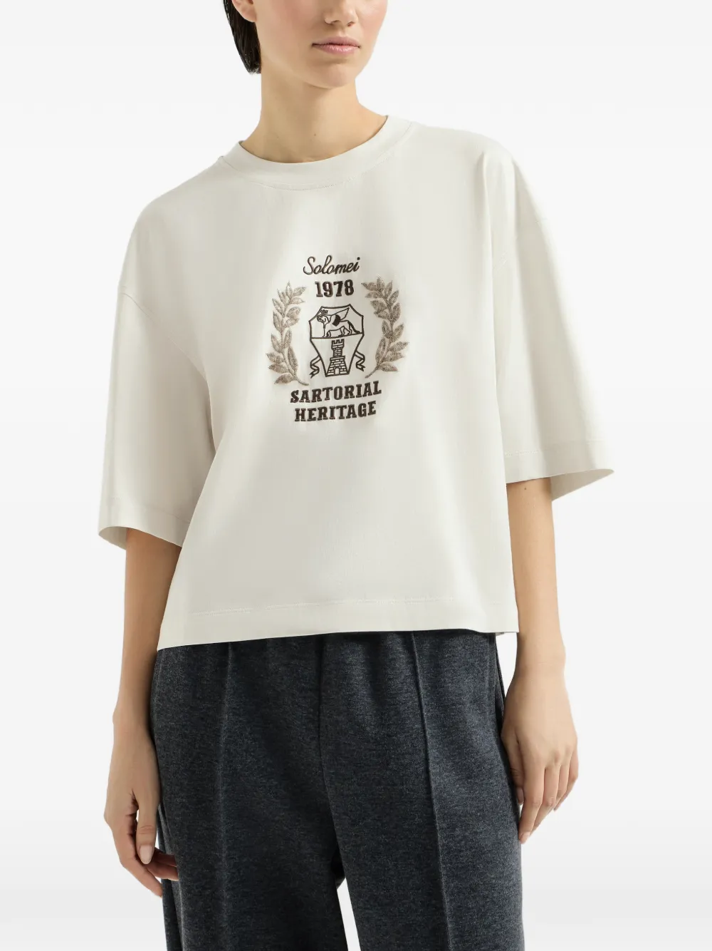 Brunello Cucinelli Jersey katoenen T-shirt met borduurwerk Beige