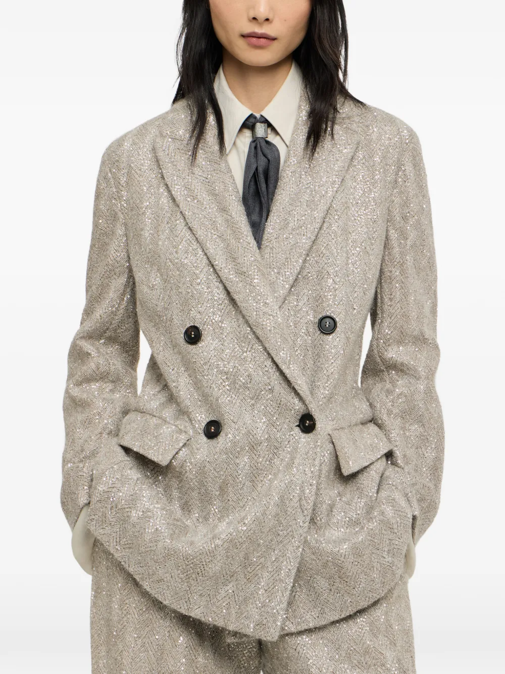 Brunello Cucinelli Dazzling blazer met geborduurde chevron-streep en mohair Beige