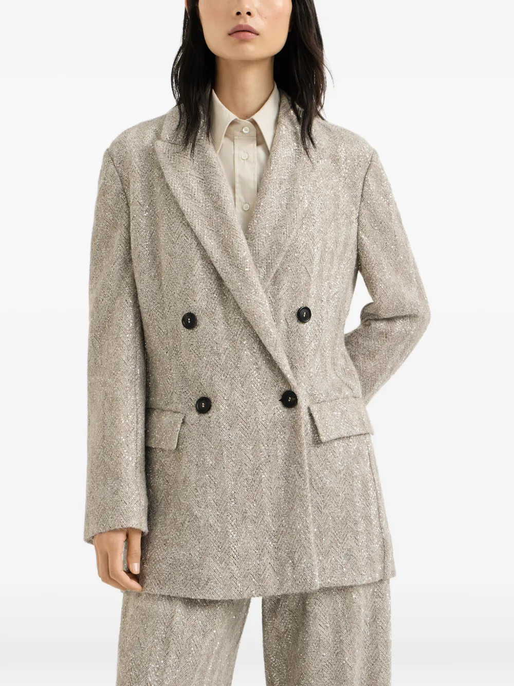 Brunello Cucinelli Dazzling blazer met geborduurde chevron-streep en mohair Beige