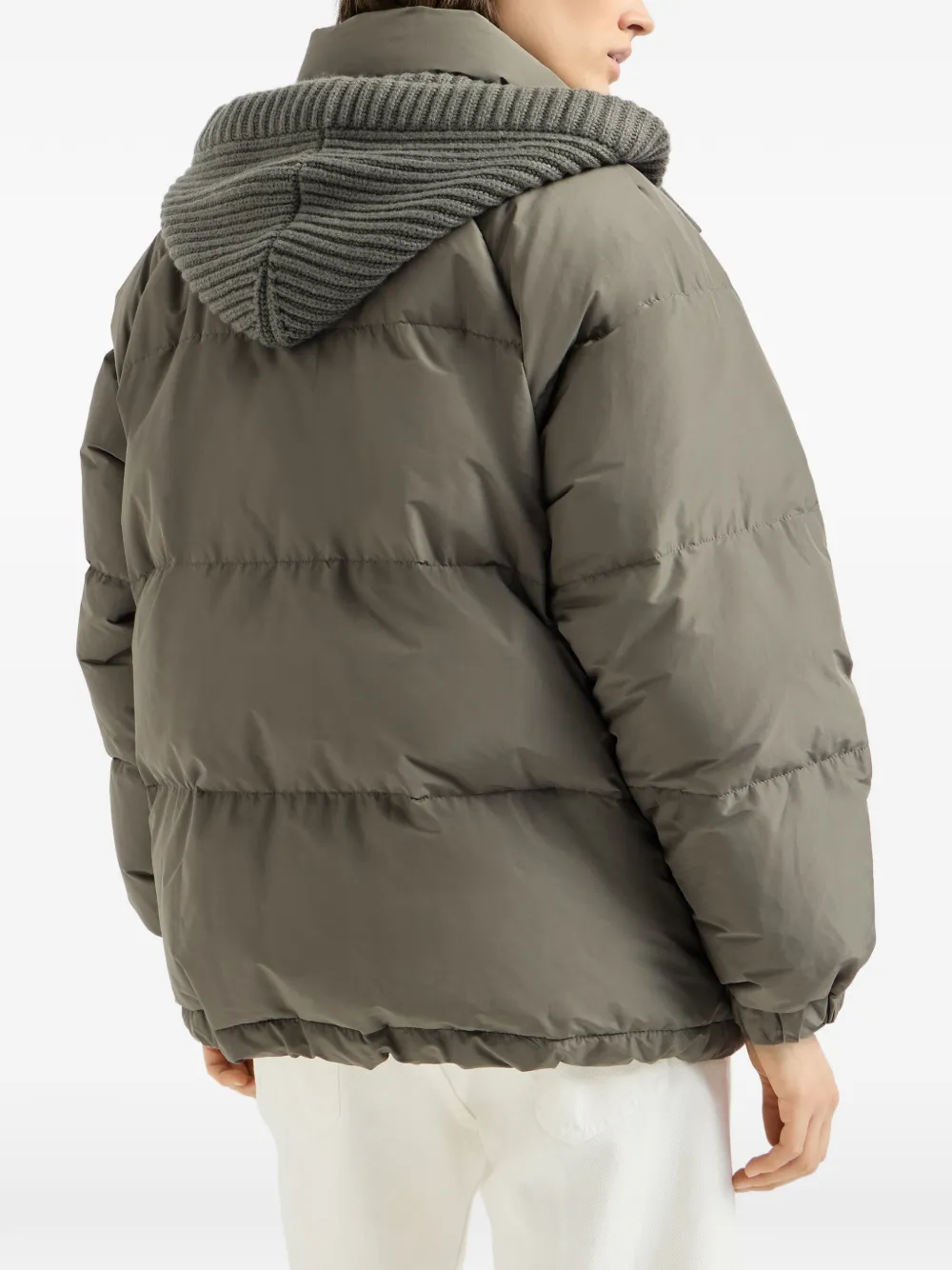 Brunello Cucinelli techno-cotton taffeta down jacket with detachable cashmere-knit hood Groen