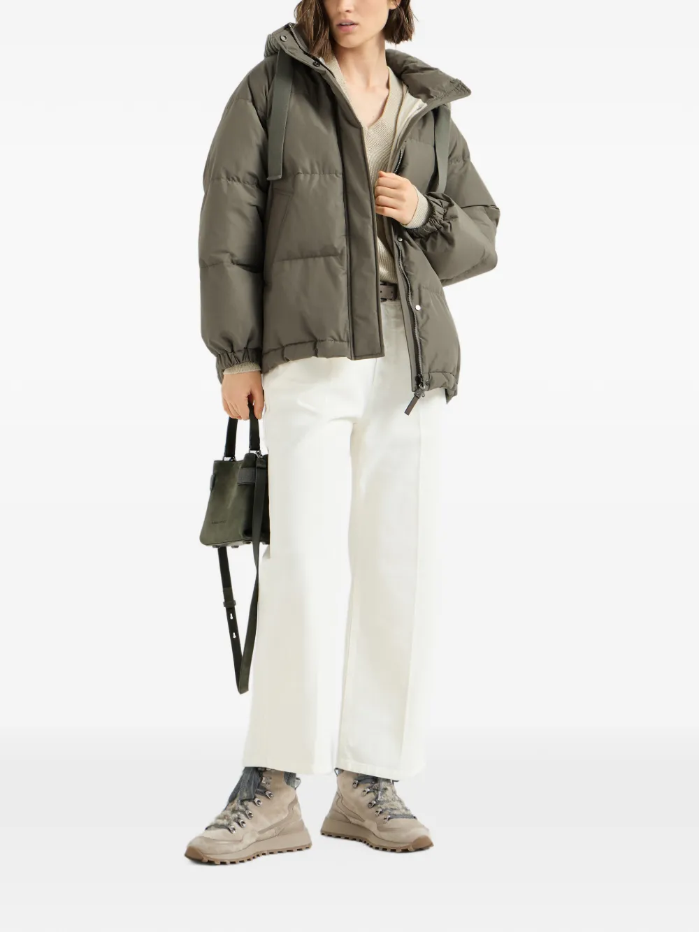 Brunello Cucinelli techno-cotton taffeta down jacket with detachable cashmere-knit hood Groen