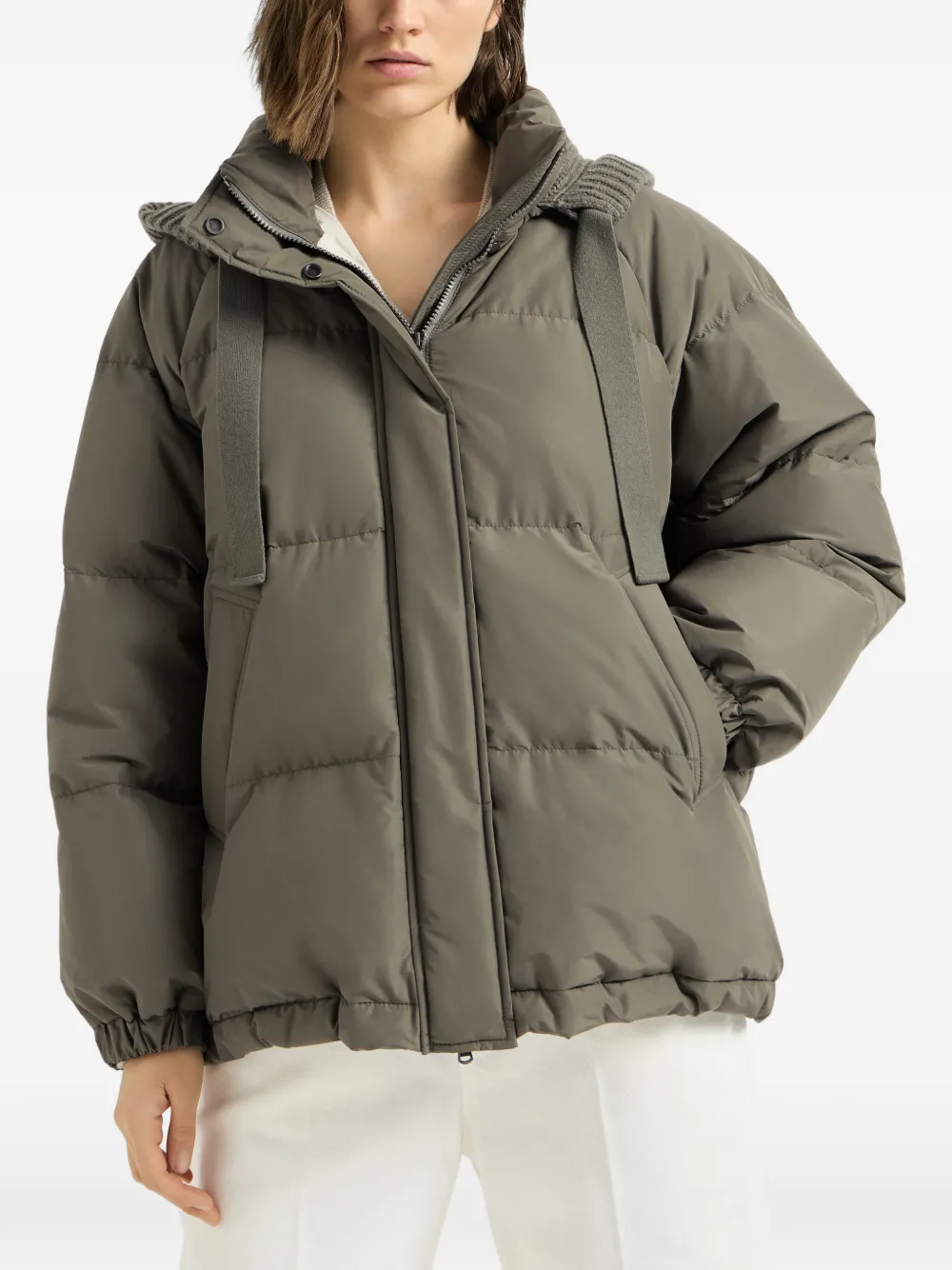 Brunello Cucinelli techno-cotton taffeta down jacket with detachable cashmere-knit hood Groen