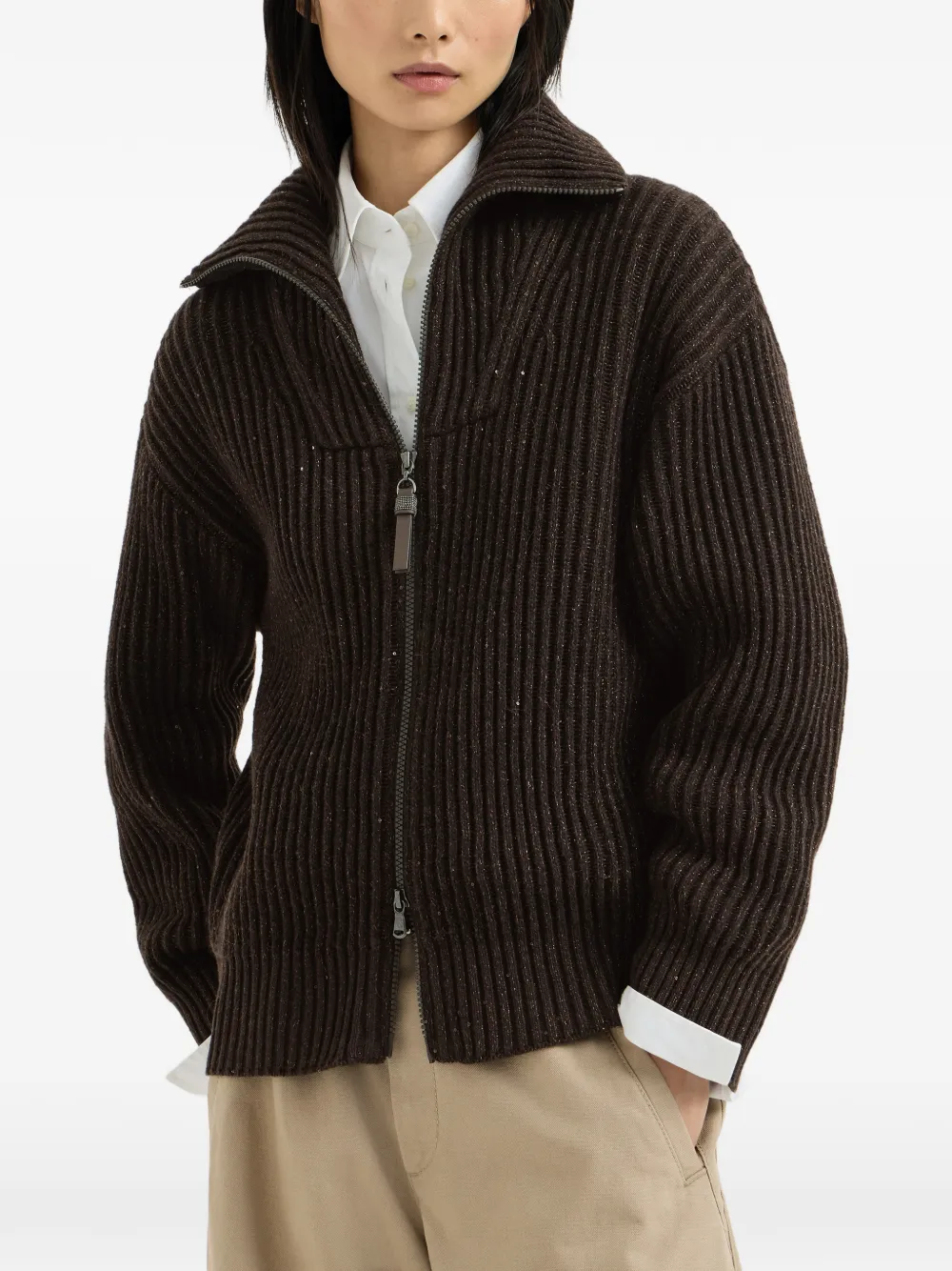 Brunello Cucinelli Sparkling & Dazzling ribgebreid vest verfraaid met pailletten Bruin