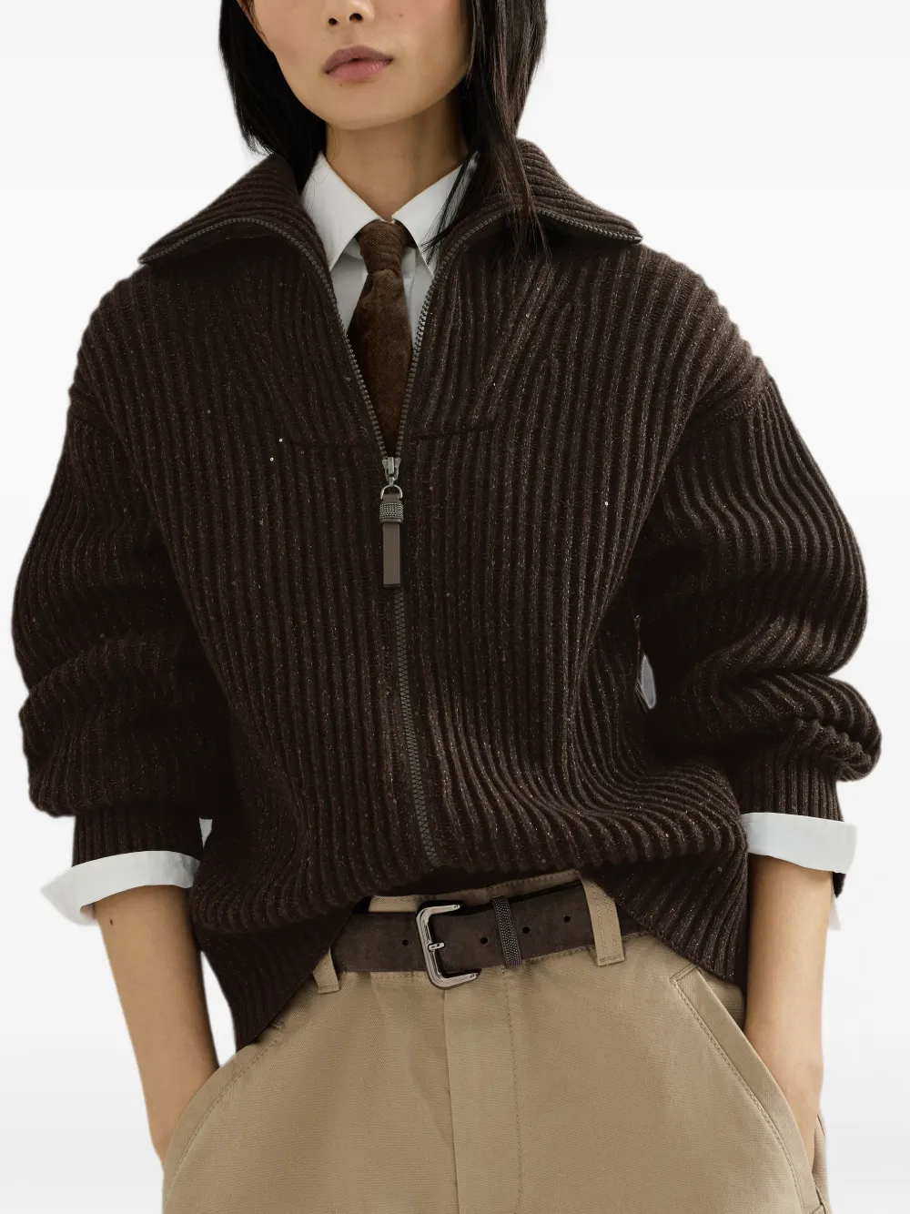 Brunello Cucinelli Sparkling & Dazzling ribgebreid vest verfraaid met pailletten Bruin
