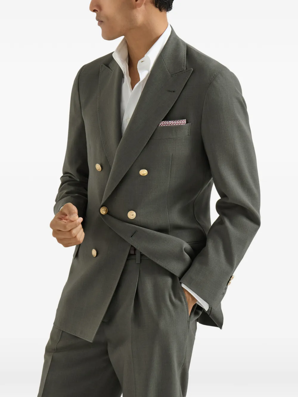Brunello Cucinelli Scheerwol canvas gedeconstrueerde blazer met anderhalve rij knopen Groen