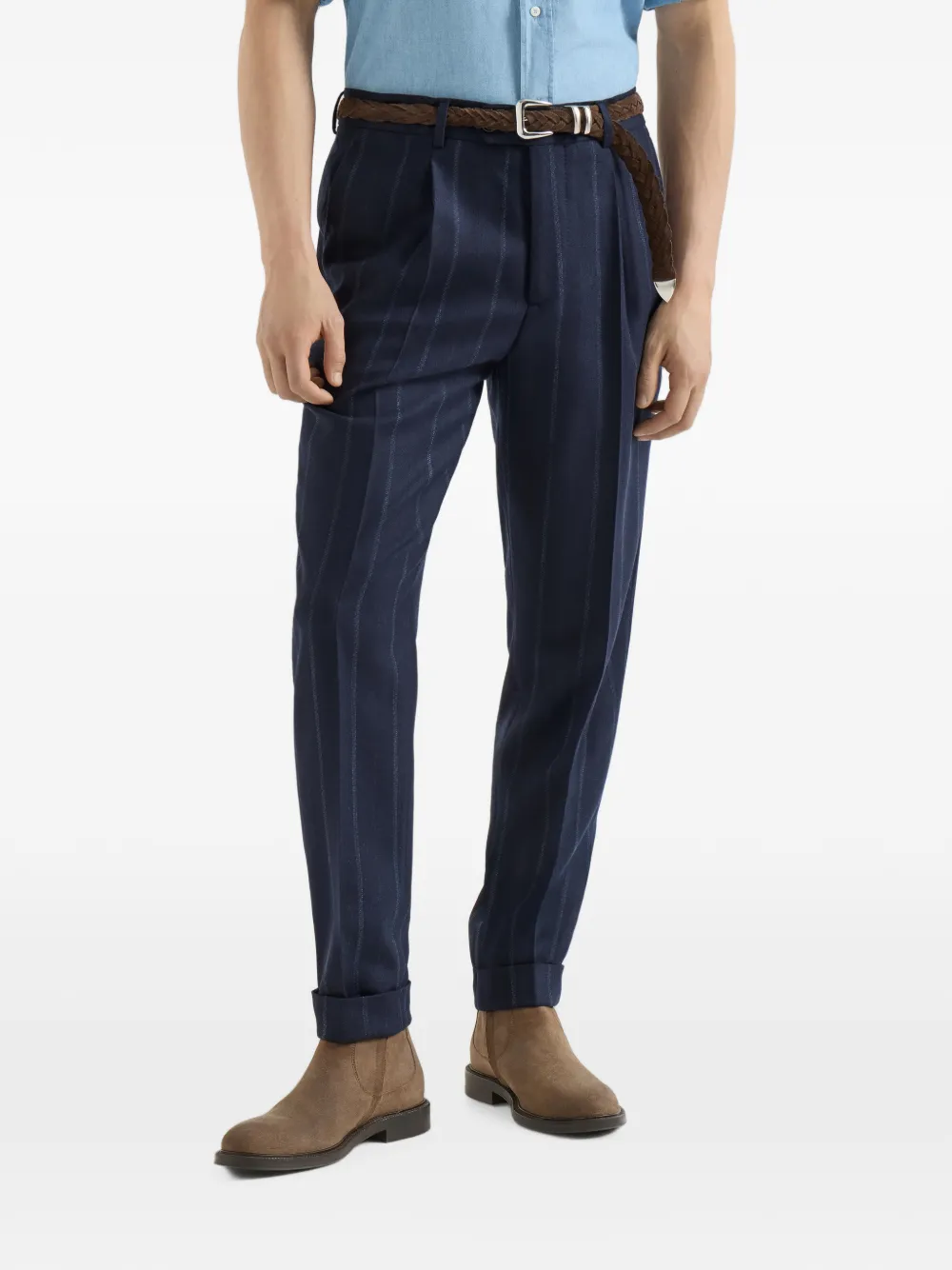 Brunello Cucinelli Kasjmier en scheerwol twill broek met plooien Blauw