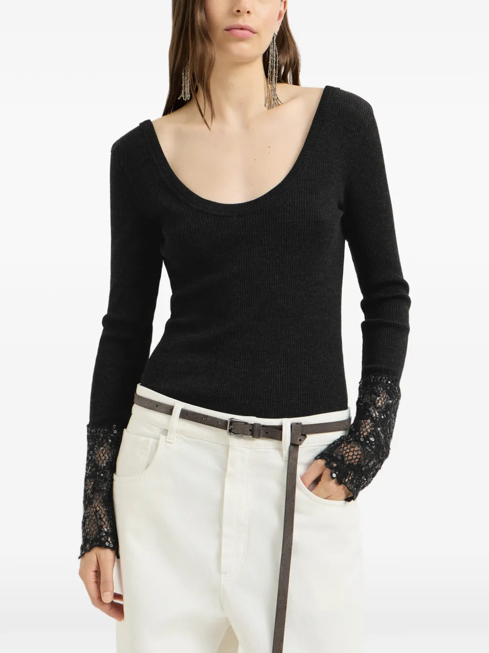 Brunello Cucinelli Geribbelde wollen jersey trui met manchetten met geborduurd kant Zwart