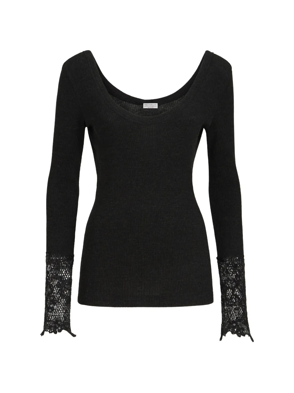 Brunello Cucinelli Ribbed Wool Jersey Sweater With Dazzling Lace-embroidery Cuffs In 블랙