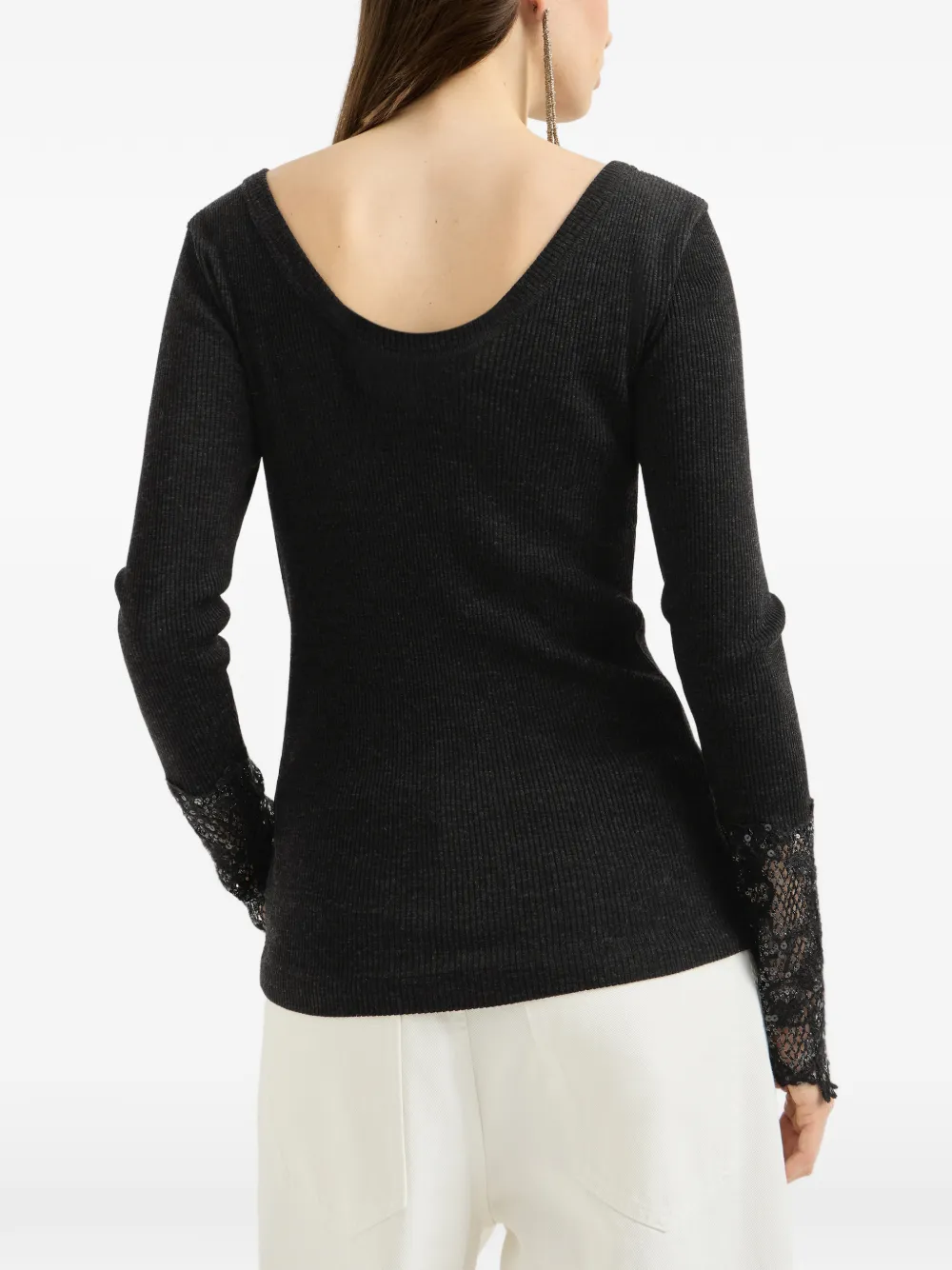 Brunello Cucinelli Geribbelde wollen jersey trui met manchetten met geborduurd kant Zwart