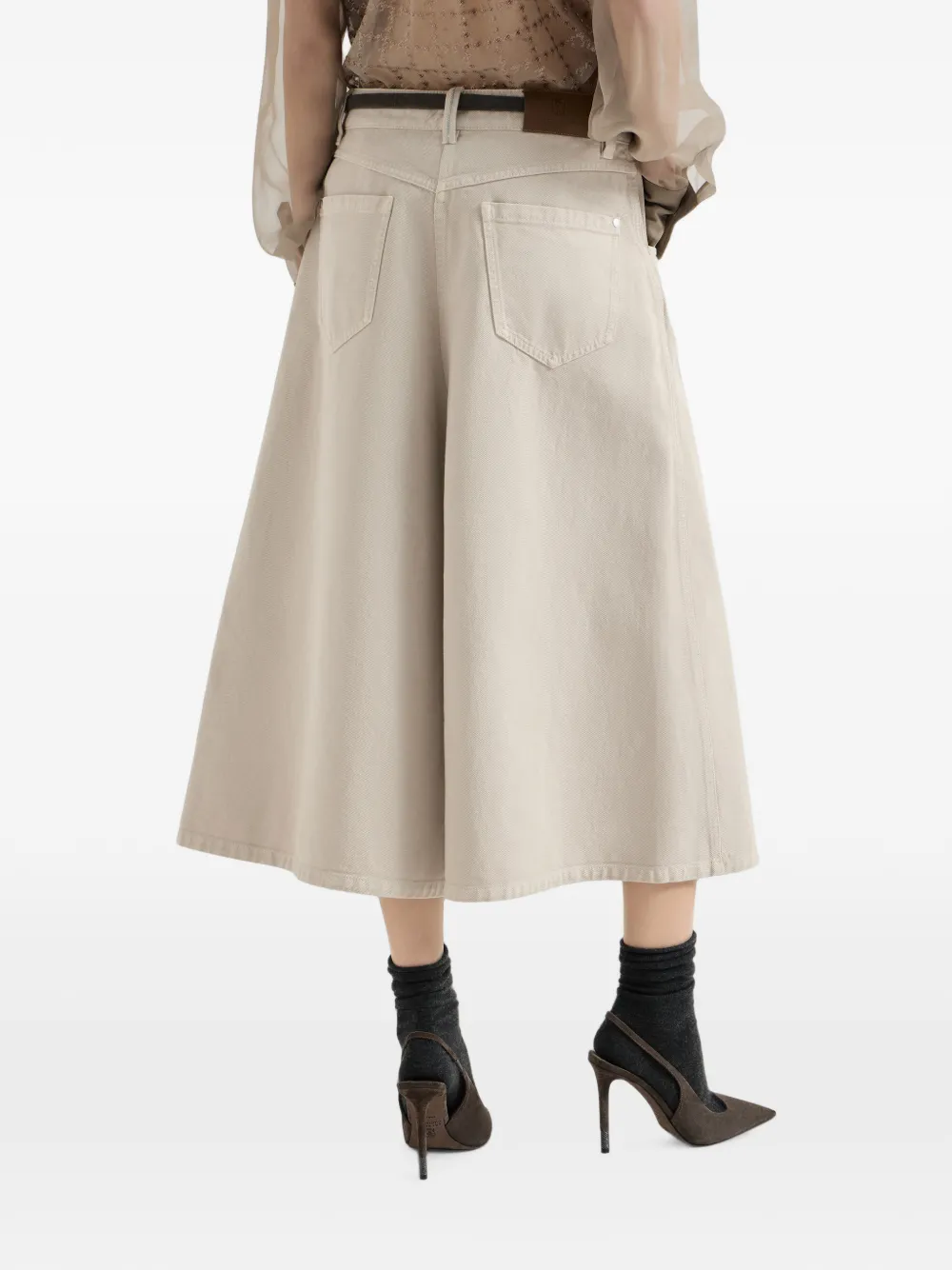 Brunello Cucinelli Denim broek met wijde pijpen en monili Beige