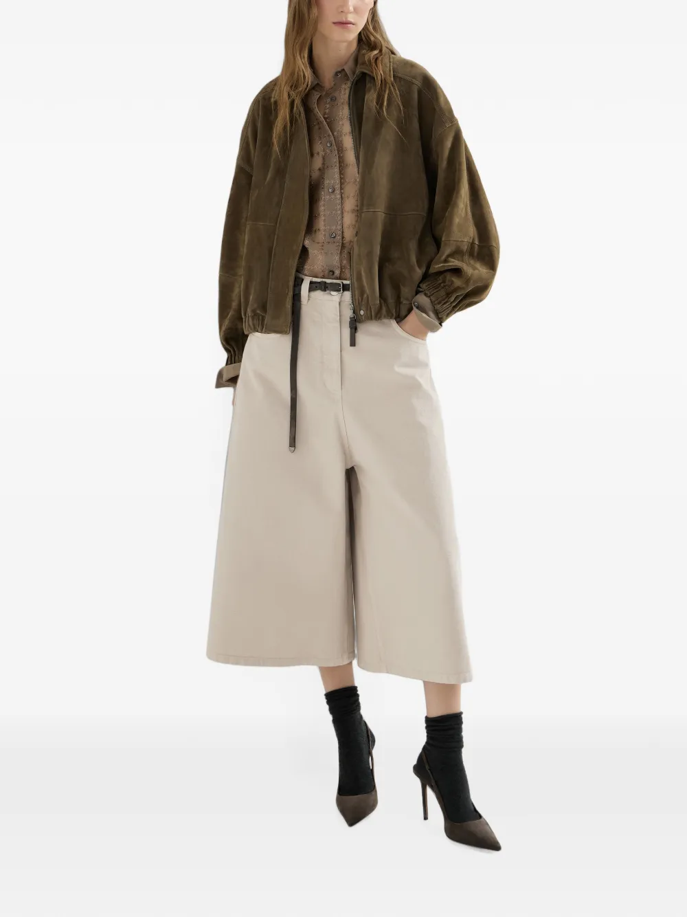 Brunello Cucinelli Denim broek met wijde pijpen en monili Beige
