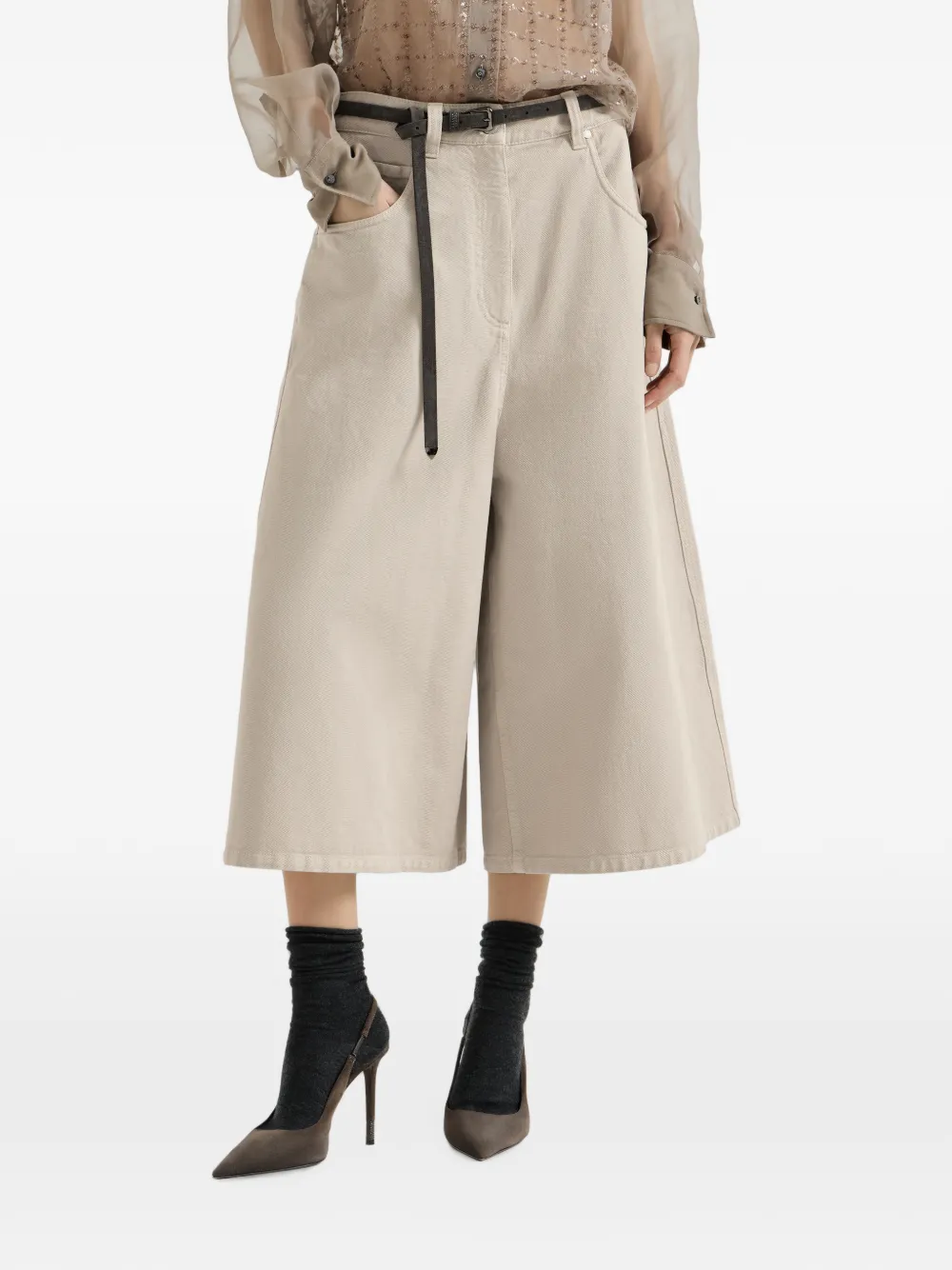 Brunello Cucinelli Denim broek met wijde pijpen en monili Beige