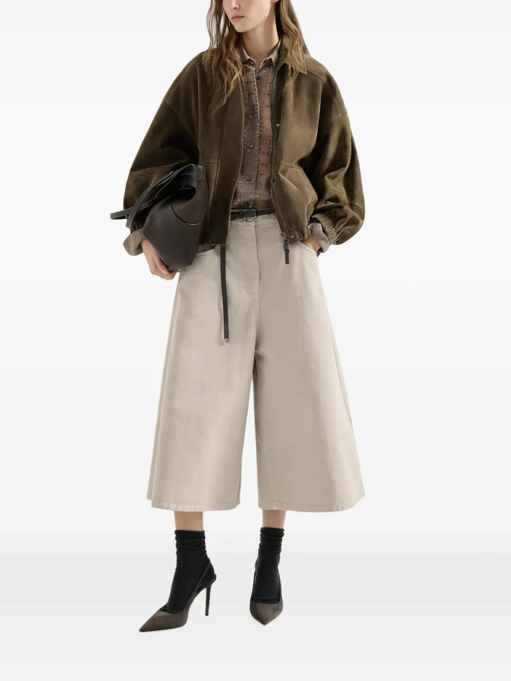 Brunello Cucinelli Denim broek met wijde pijpen en monili Beige