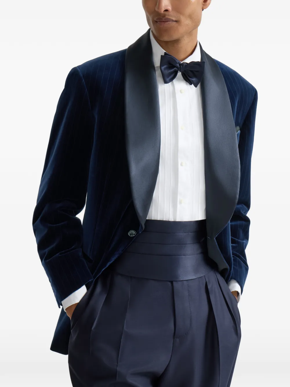Brunello Cucinelli Katoenen krijtstreep fluwelen smokingblazer met sjaalrevers Blauw