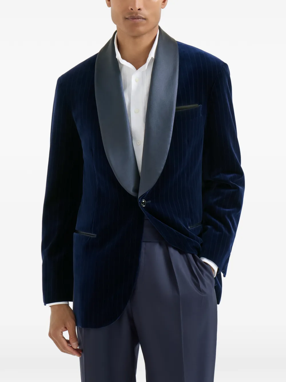Brunello Cucinelli Katoenen krijtstreep fluwelen smokingblazer met sjaalrevers Blauw