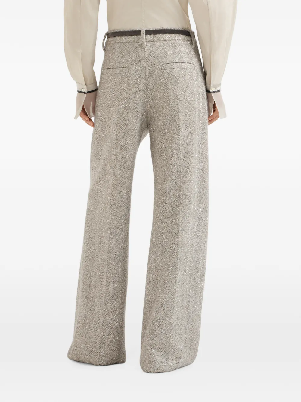 Brunello Cucinelli Dazzling ruimvallende plooibroek met geborduurde chevron-streep in sprankelend mohair en wol Beige