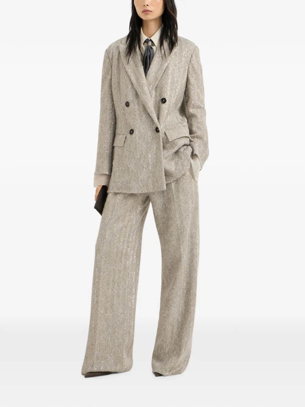 Brunello Cucinelli Dazzling ruimvallende plooibroek met geborduurde chevron-streep in sprankelend mohair en wol Beige