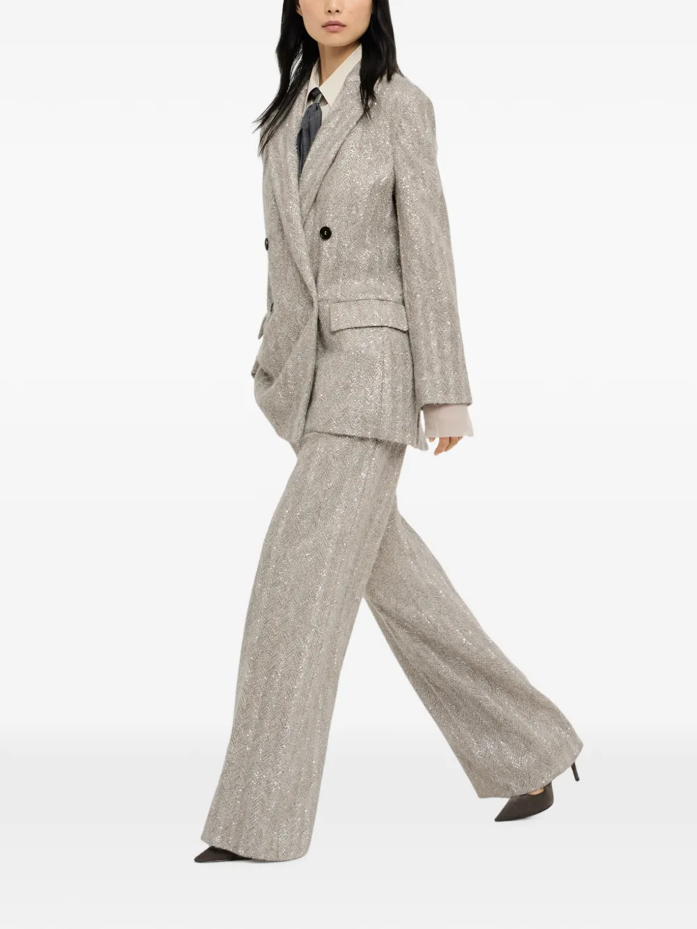 Brunello Cucinelli Dazzling ruimvallende plooibroek met geborduurde chevron-streep in sprankelend mohair en wol Beige