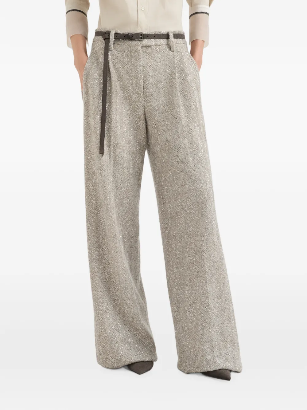 Brunello Cucinelli Dazzling ruimvallende plooibroek met geborduurde chevron-streep in sprankelend mohair en wol Beige