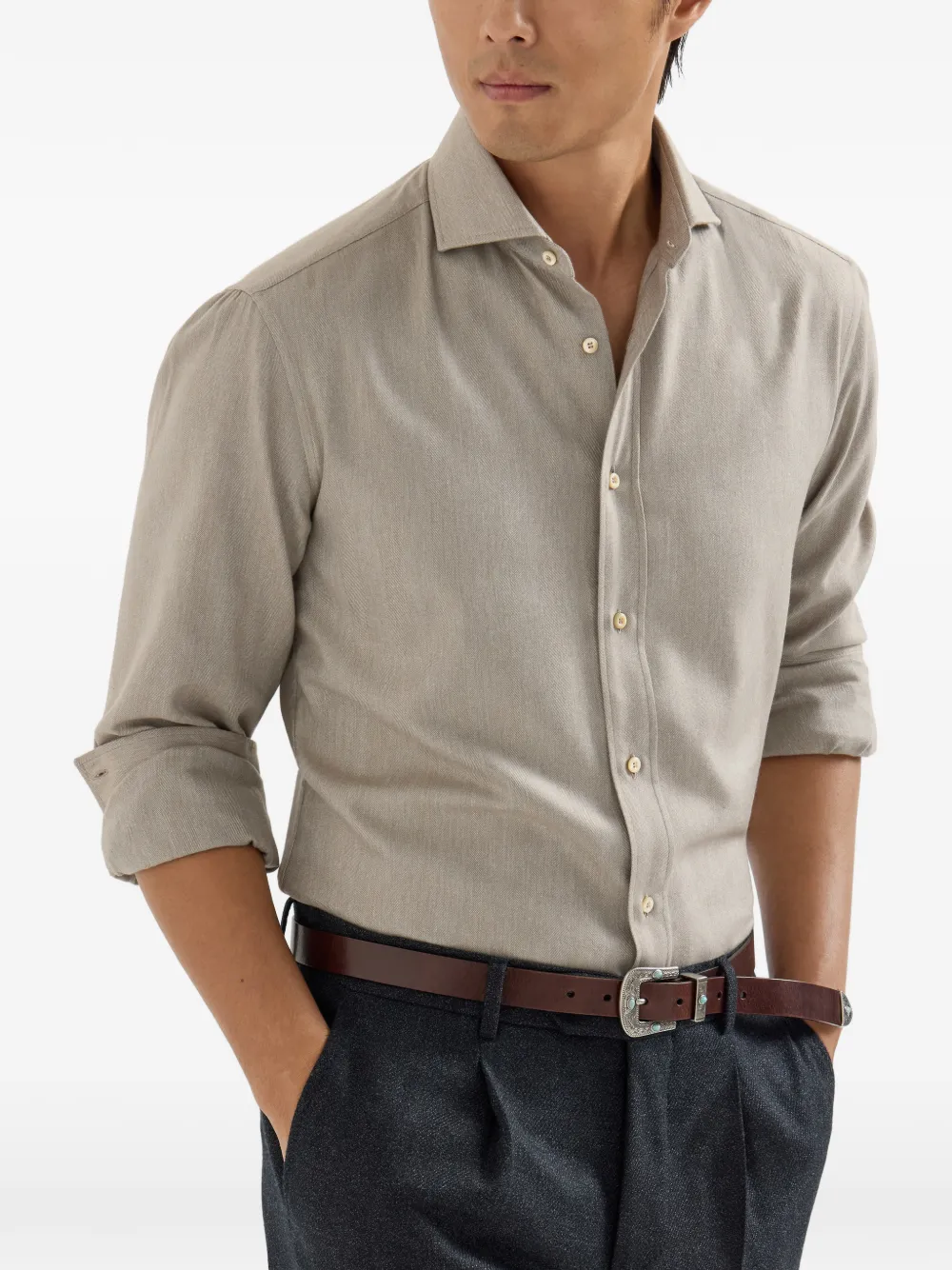 Brunello Cucinelli Stretch katoenen flanellen overhemd met gespreide kraag en chevron-streep Beige
