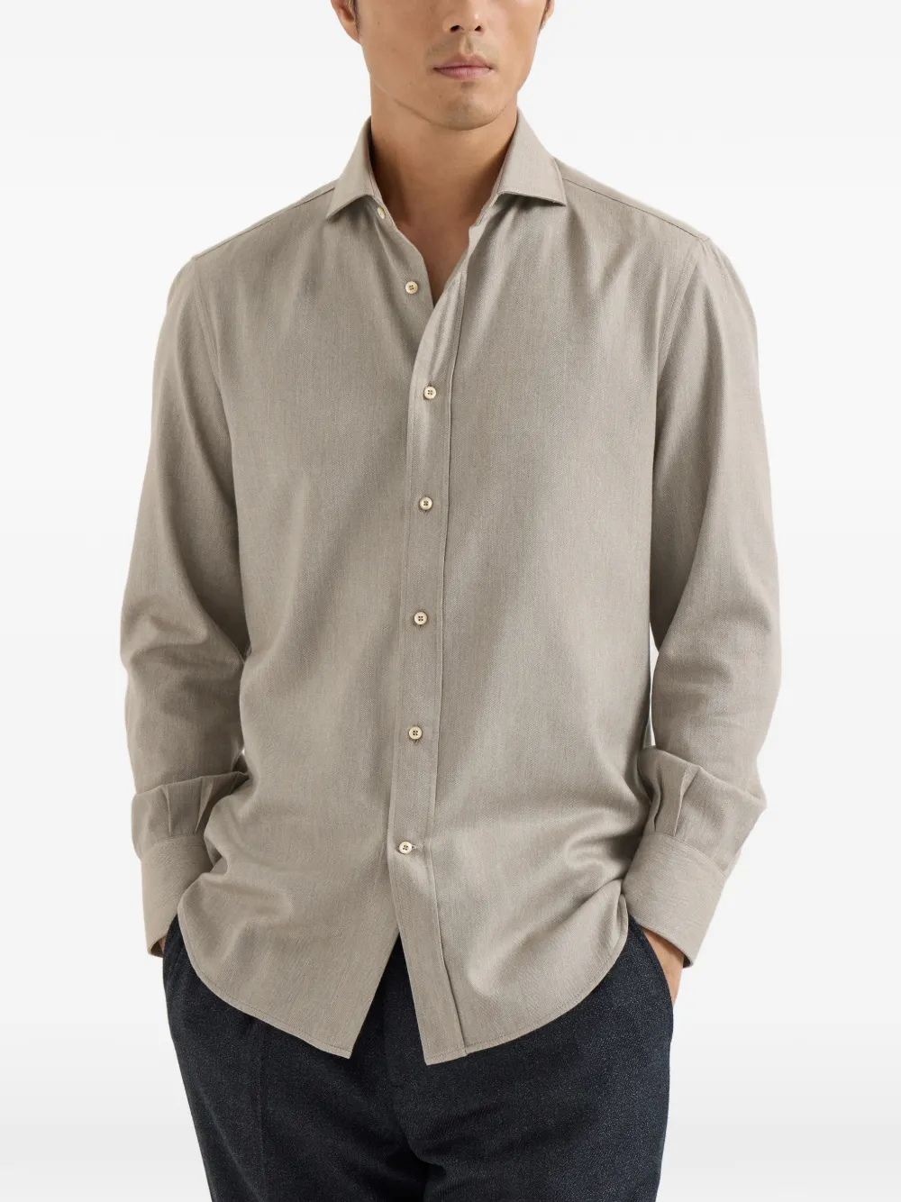 Brunello Cucinelli Stretch katoenen flanellen overhemd met gespreide kraag en chevron-streep Beige