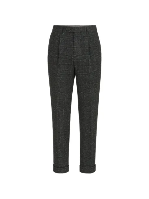 Brunello Cucinelli silk, wool and cashmere Prince of Wales flannel trousers with pleat