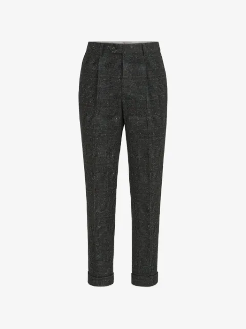 Brunello Cucinelli silk, wool and cashmere Prince of Wales flannel trousers with pleat