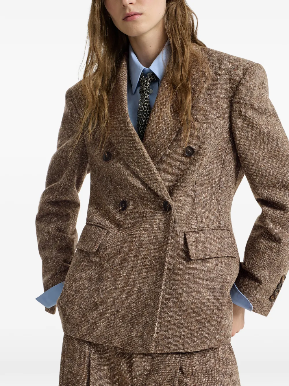 Brunello Cucinelli Gemêleerde blazer met dubbele rij knopen Bruin
