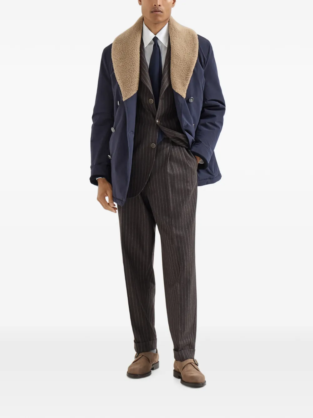 Brunello Cucinelli Flanellen blazer met krijtstreep van scheerwol Bruin