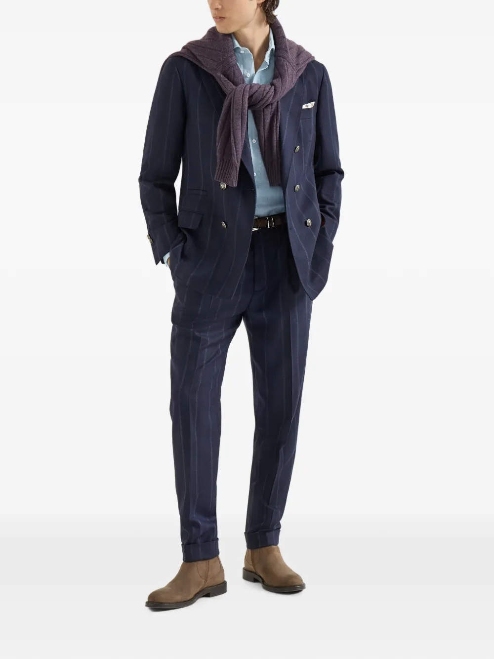 Brunello Cucinelli Kasjmier en scheerwol twill blazer met anderhalve rij knopen en meerdere strepen Blauw