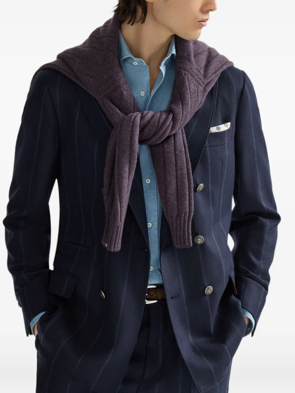 Brunello Cucinelli Kasjmier en scheerwol twill blazer met anderhalve rij knopen en meerdere strepen Blauw