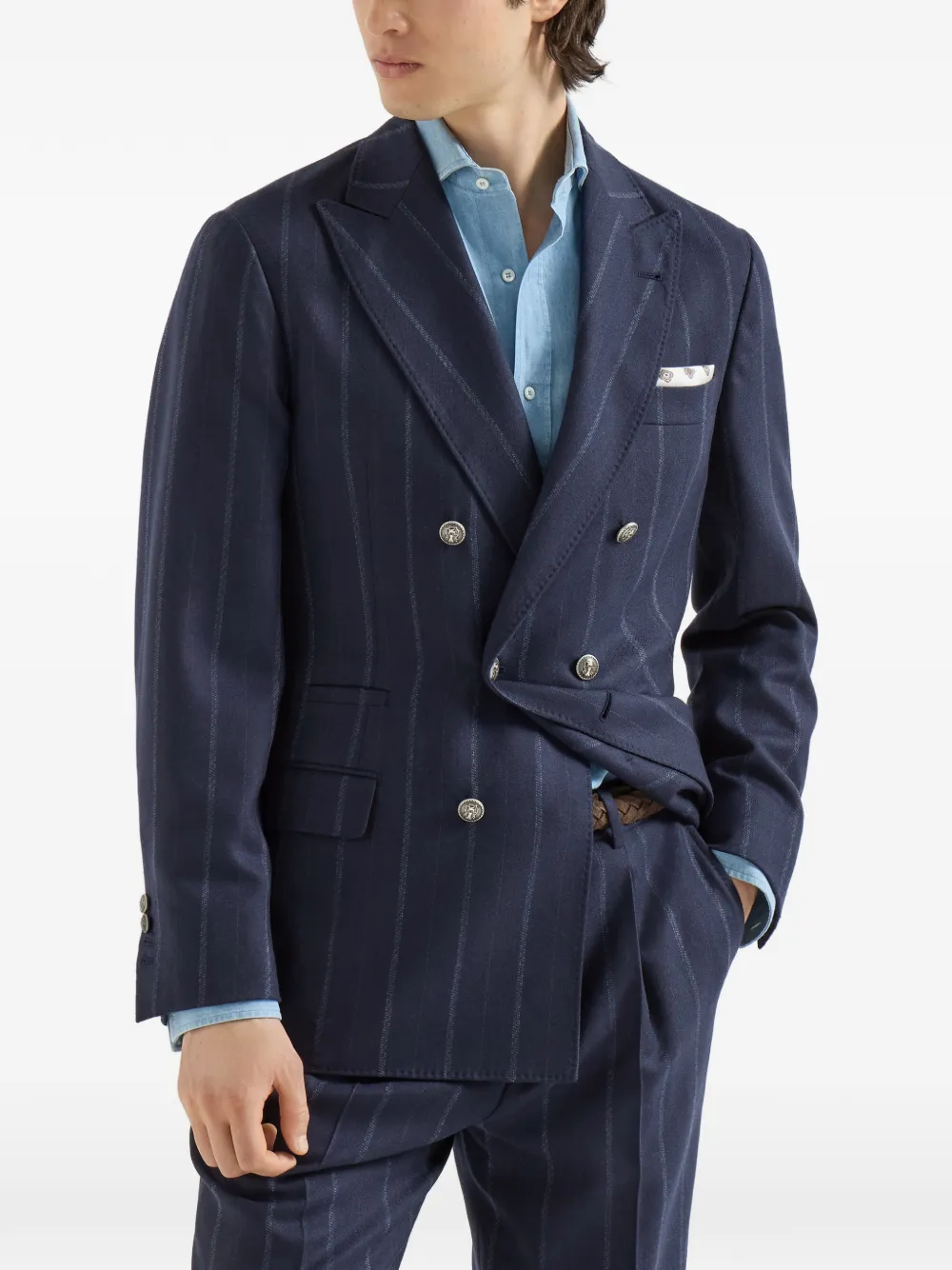Brunello Cucinelli Kasjmier en scheerwol twill blazer met anderhalve rij knopen en meerdere strepen Blauw