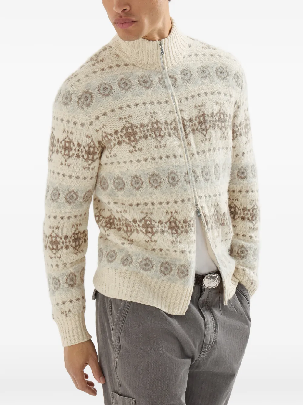 Brunello Cucinelli Kasjmier jacquard vest met hoge hals en rits Beige