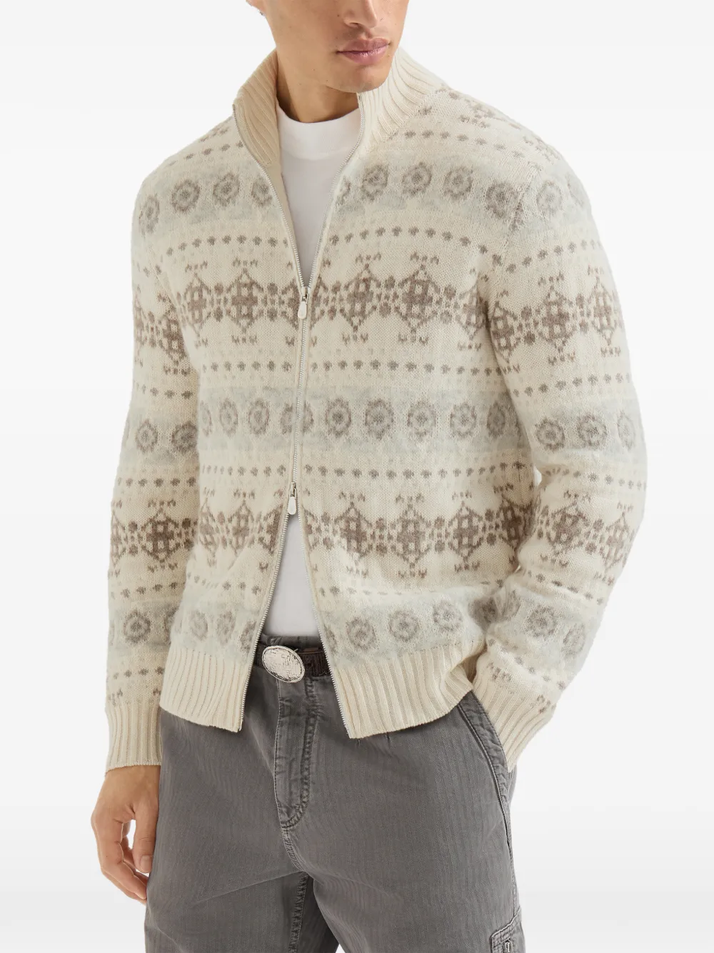 Brunello Cucinelli Kasjmier jacquard vest met hoge hals en rits Beige