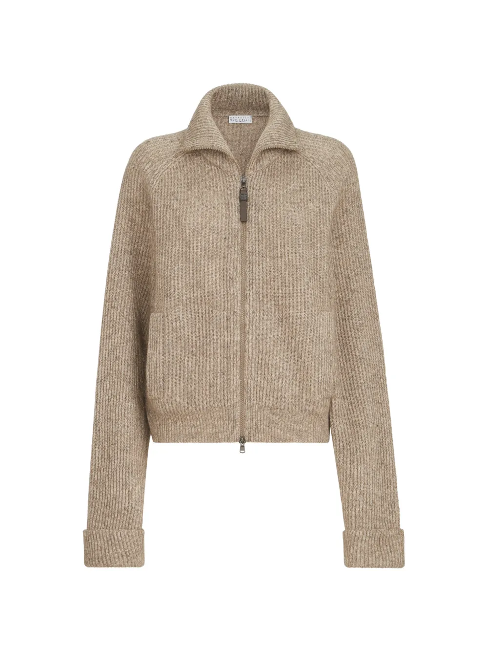 Brunello Cucinelli sparkling cashmere, mohair and wool ribbed cardigan with shiny zipper pull - Toni neutri