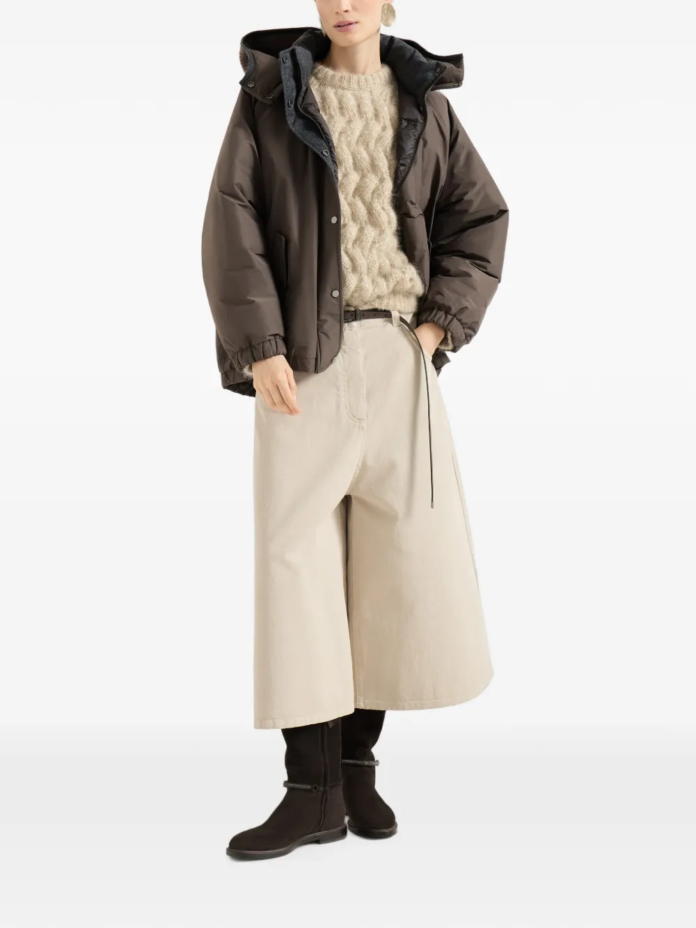 Brunello Cucinelli Techno katoenen taffeta jack met afneembare capuchon en glanzende ritssluiting Bruin