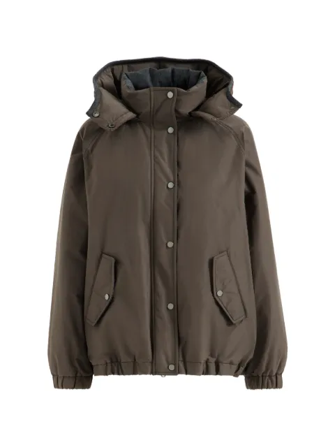Brunello Cucinelli techno cotton taffeta outerwear jacket with detachable knit hood and shiny zipper pull