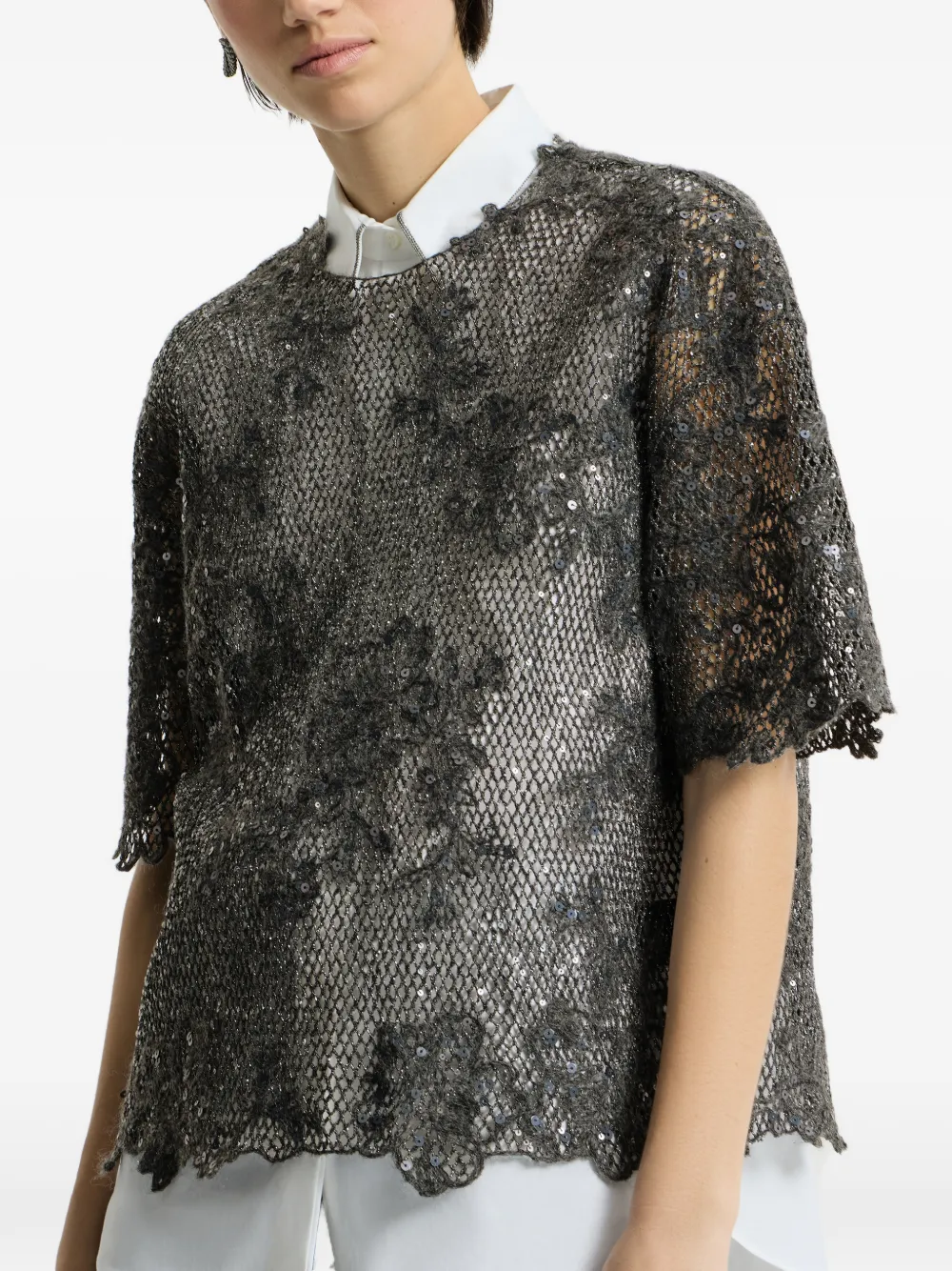 Brunello Cucinelli Mohair en wollen T-shirt met geborduurd kant Grijs