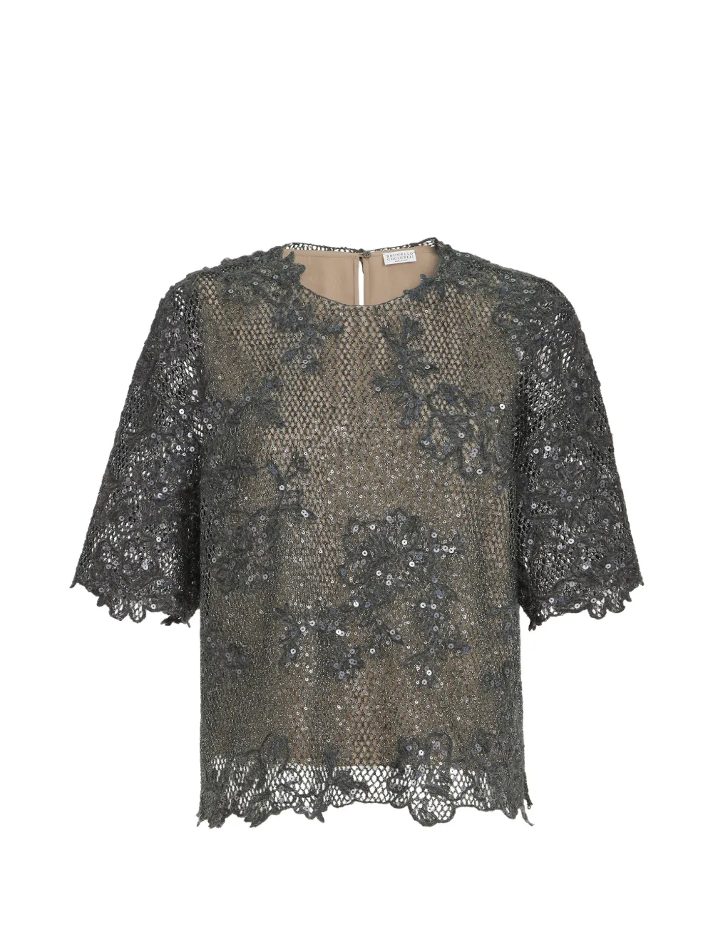Brunello Cucinelli T-shirt in mohair e lana con dettaglio in pizzo ricamato - Grigio